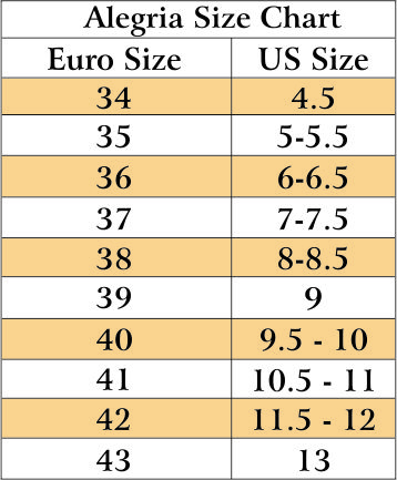 Alegria Keli Size Chart